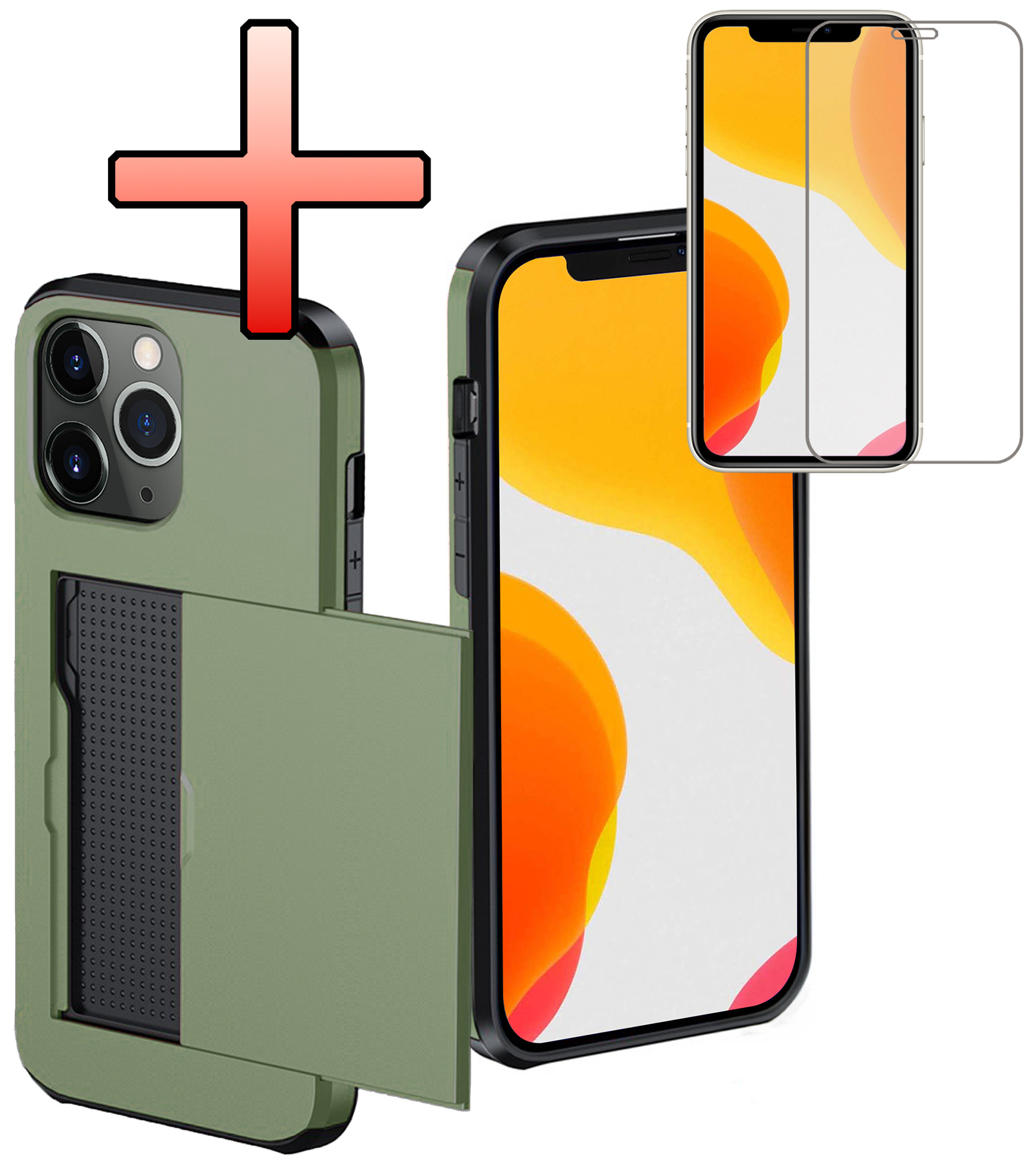 NoXx Hoes Geschikt voor iPhone 11 Pro Hoesje Pasjeshouder Hard Cover Met Screenprotector Shock Proof Hard Case Hoes Met Kaarthouder - Donker Groen