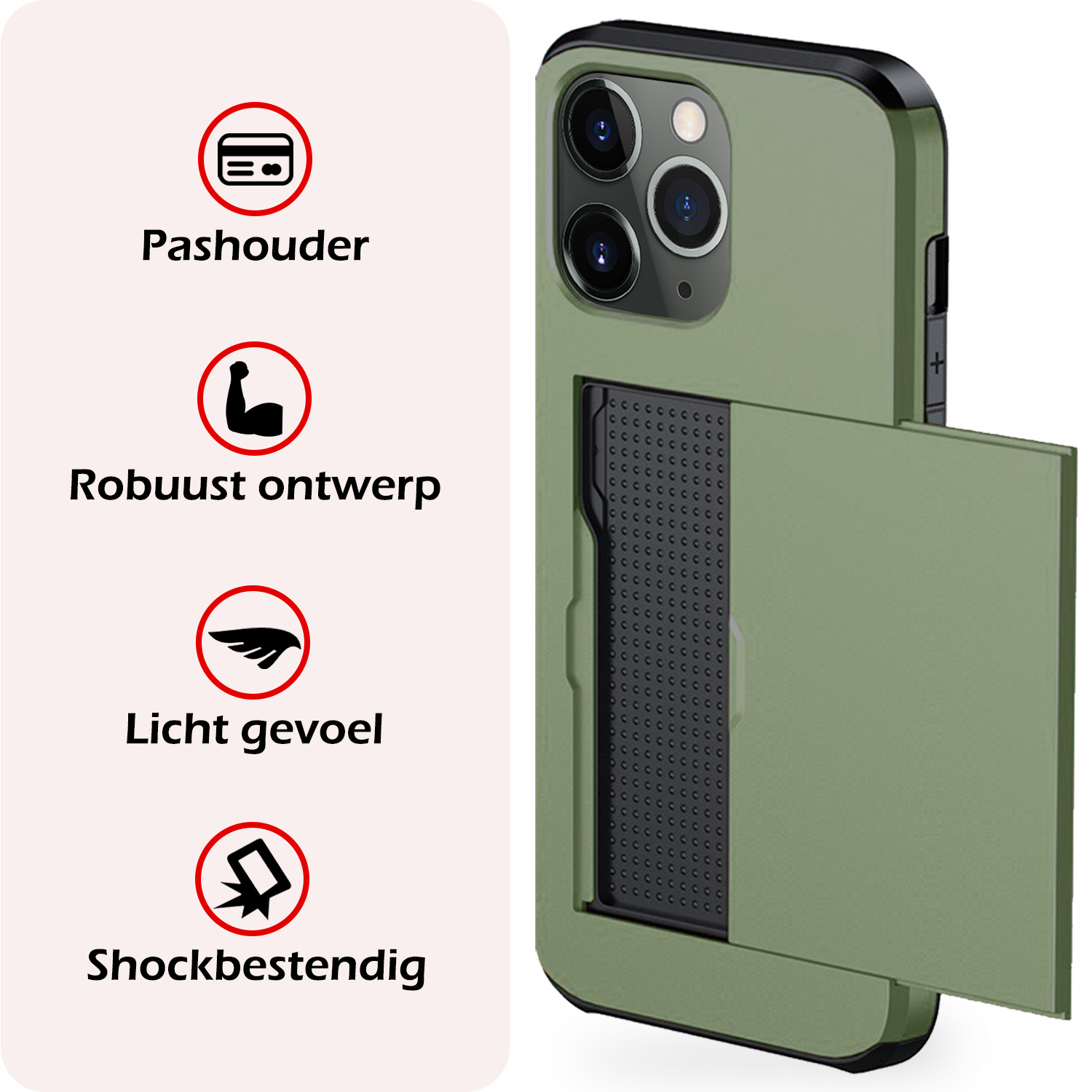 NoXx Hoes Geschikt voor iPhone 11 Pro Hoesje Pasjeshouder Hard Cover Met Screenprotector Shock Proof Hard Case Hoes Met Kaarthouder - Donker Groen