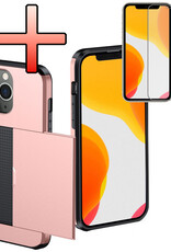 NoXx Hoes Geschikt voor iPhone 11 Pro Hoesje Pasjeshouder Hard Cover Met Screenprotector Shock Proof Hard Case Hoes Met Kaarthouder - Rosé Goud