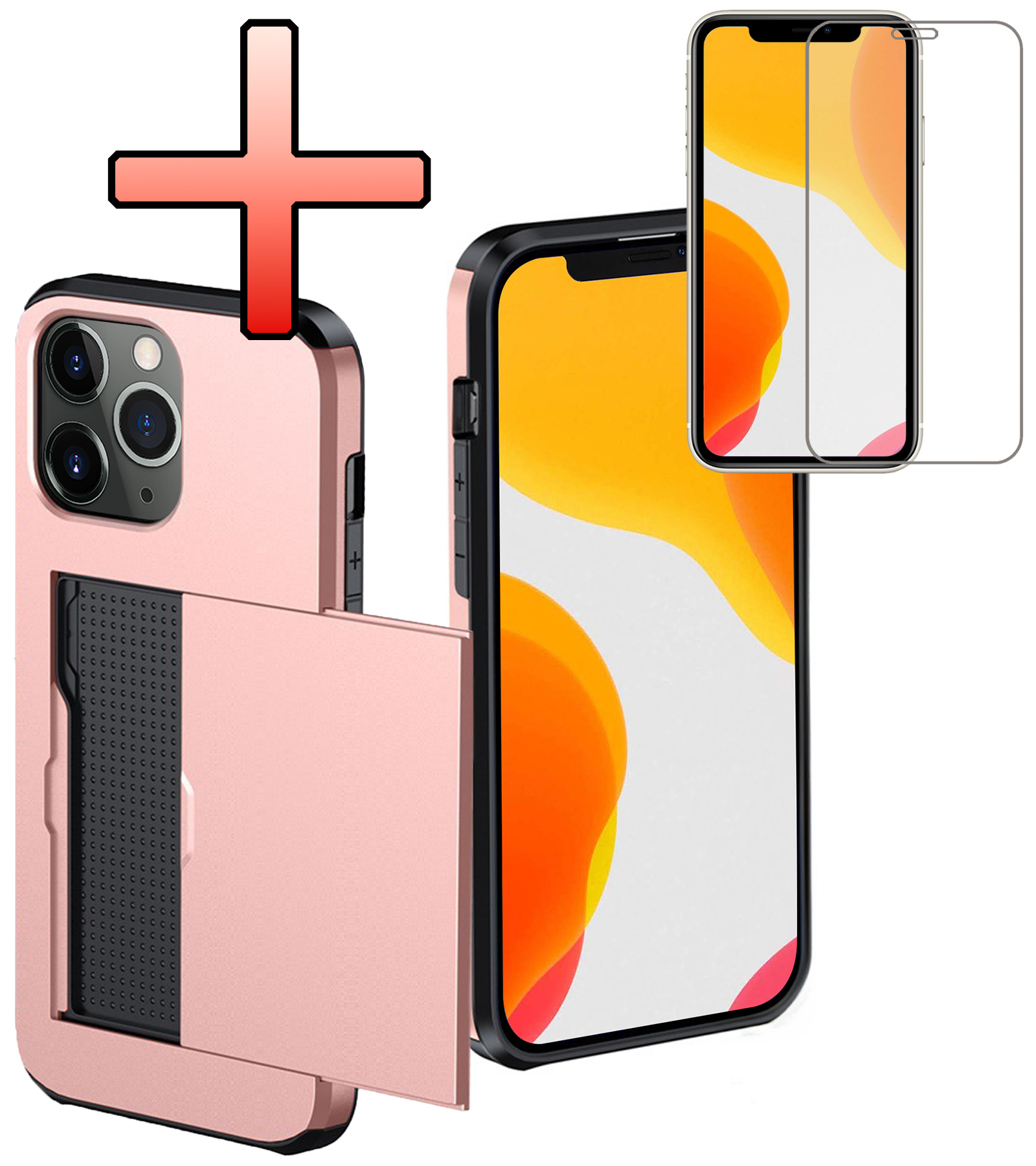NoXx Hoes Geschikt voor iPhone 11 Pro Hoesje Pasjeshouder Hard Cover Met Screenprotector Shock Proof Hard Case Hoes Met Kaarthouder - Rosé Goud