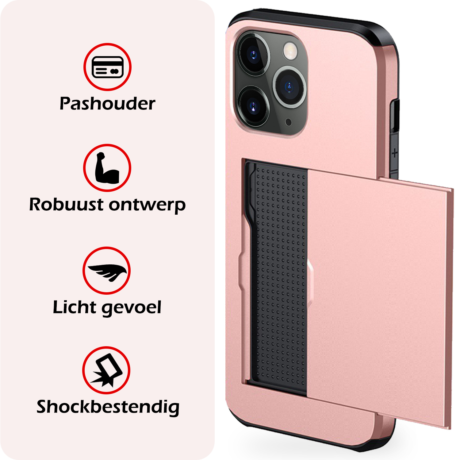 NoXx Hoes Geschikt voor iPhone 11 Pro Hoesje Pasjeshouder Hard Cover Met Screenprotector Shock Proof Hard Case Hoes Met Kaarthouder - Rosé Goud