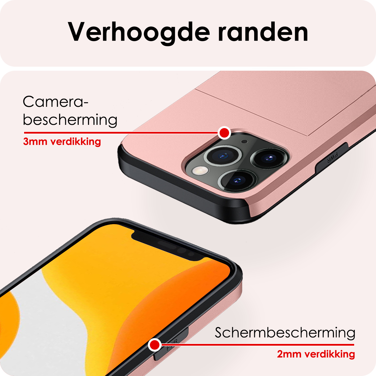 NoXx Hoes Geschikt voor iPhone 11 Pro Hoesje Pasjeshouder Hard Cover Met Screenprotector Shock Proof Hard Case Hoes Met Kaarthouder - Rosé Goud