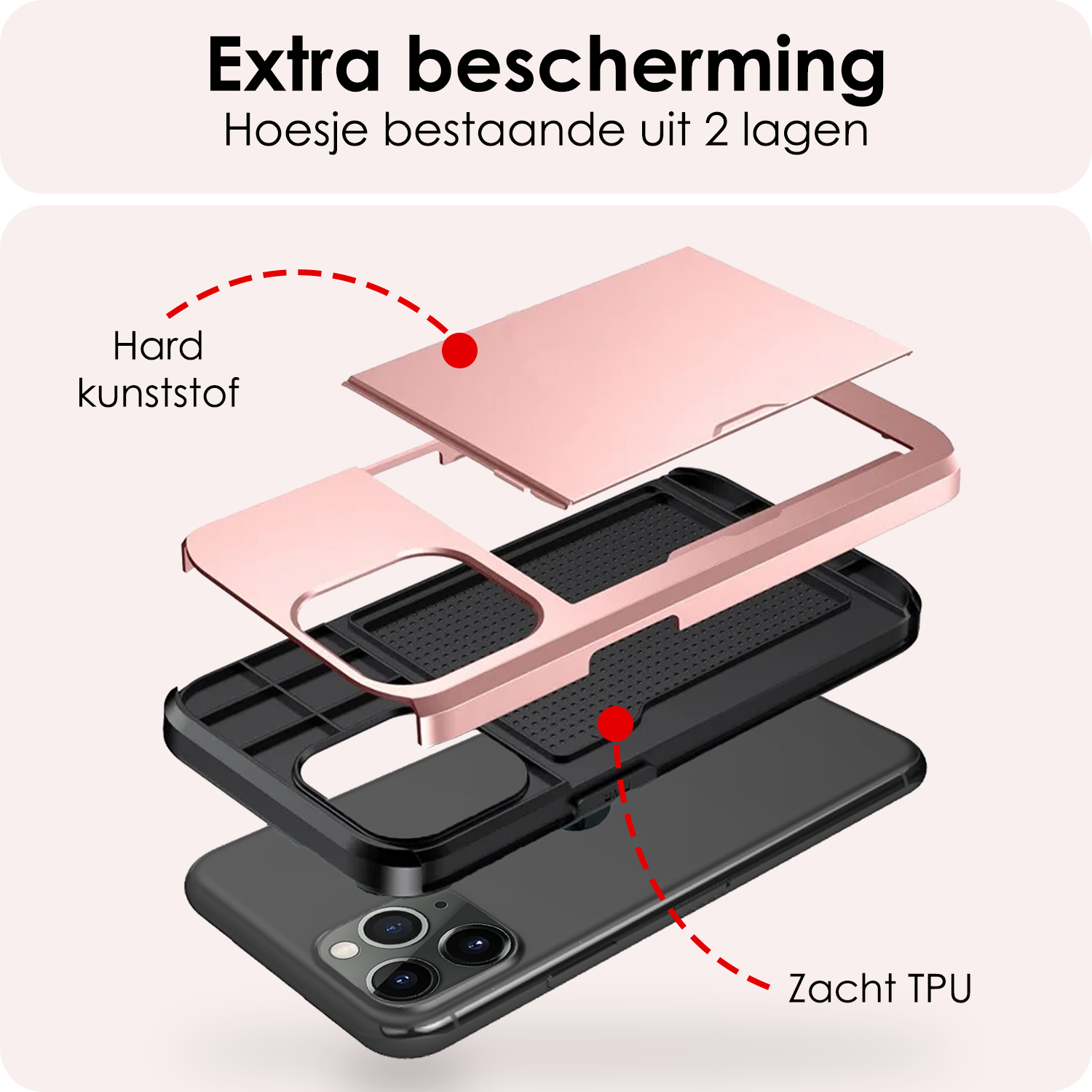 NoXx Hoes Geschikt voor iPhone 11 Pro Hoesje Pasjeshouder Hard Cover Met Screenprotector Shock Proof Hard Case Hoes Met Kaarthouder - Rosé Goud