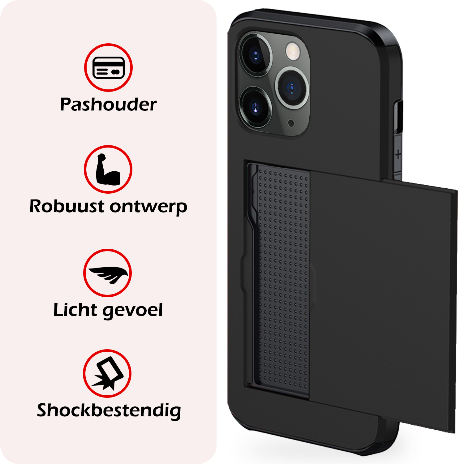 NoXx Hoes Geschikt voor iPhone 11 Pro Hoesje Pasjeshouder Hard Cover Met Screenprotector Shock Proof Hard Case Hoes Met Kaarthouder - Zwart
