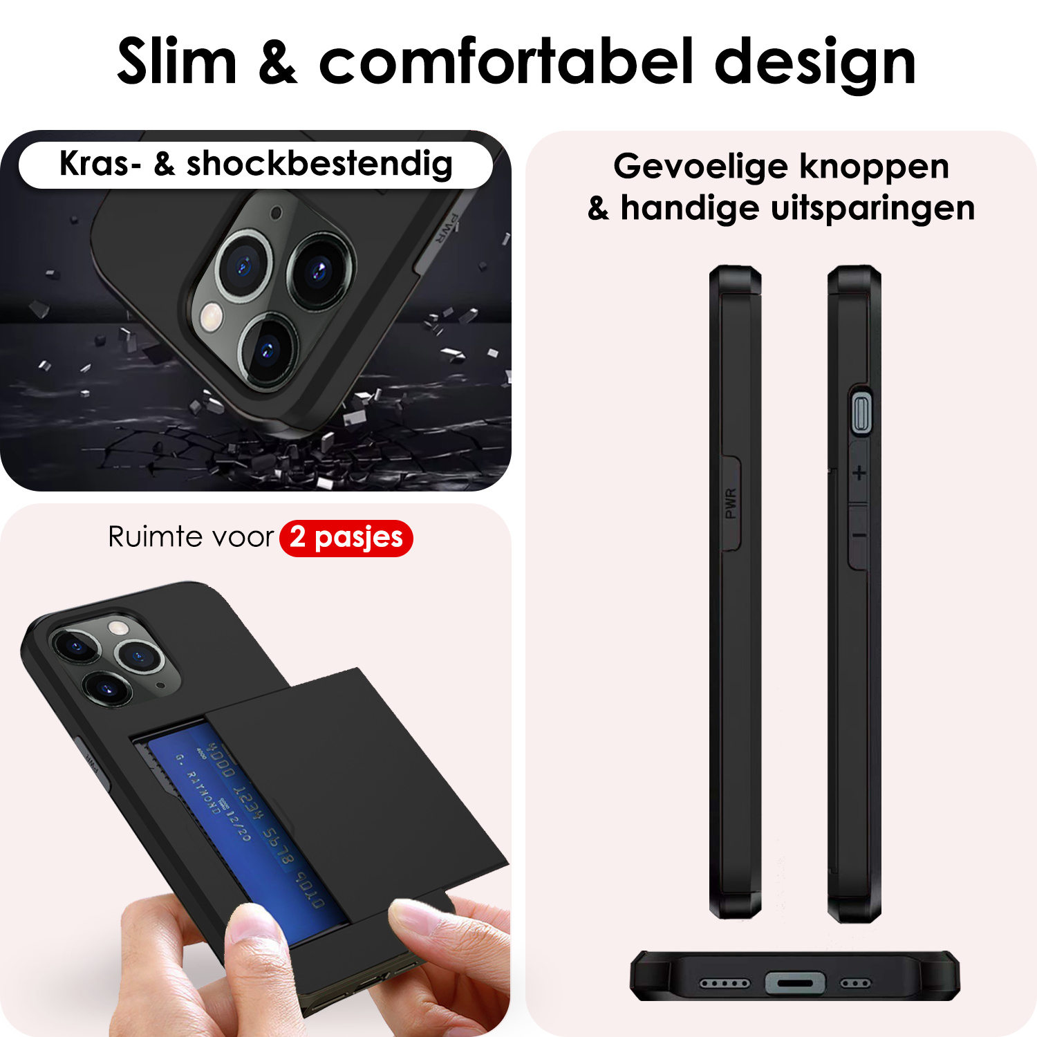 NoXx Hoes Geschikt voor iPhone 11 Pro Hoesje Pasjeshouder Hard Cover Met Screenprotector Shock Proof Hard Case Hoes Met Kaarthouder - Zwart