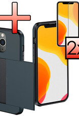 NoXx Hoes Geschikt voor iPhone 11 Pro Hoesje Pasjeshouder Hard Cover Met 2x Screenprotector Shock Proof Hard Case Hoes Met Kaarthouder - Donker Blauw
