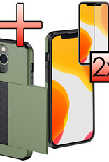 NoXx Hoes Geschikt voor iPhone 11 Pro Hoesje Pasjeshouder Hard Cover Met 2x Screenprotector Shock Proof Hard Case Hoes Met Kaarthouder - Donker Groen