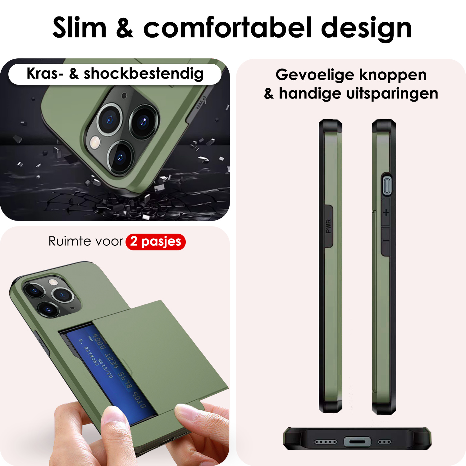 NoXx Hoes Geschikt voor iPhone 11 Pro Hoesje Pasjeshouder Hard Cover Met 2x Screenprotector Shock Proof Hard Case Hoes Met Kaarthouder - Donker Groen
