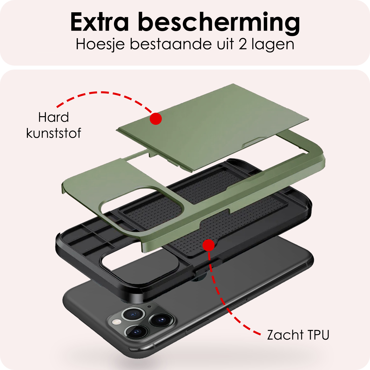 NoXx Hoes Geschikt voor iPhone 11 Pro Hoesje Pasjeshouder Hard Cover Met 2x Screenprotector Shock Proof Hard Case Hoes Met Kaarthouder - Donker Groen