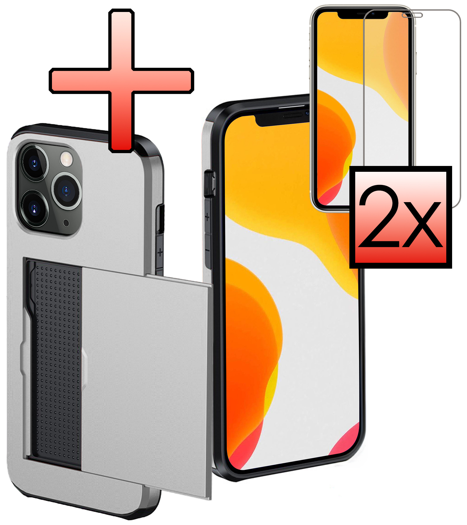 NoXx Hoes Geschikt voor iPhone 11 Pro Hoesje Pasjeshouder Hard Cover Met 2x Screenprotector Shock Proof Hard Case Hoes Met Kaarthouder - Grijs