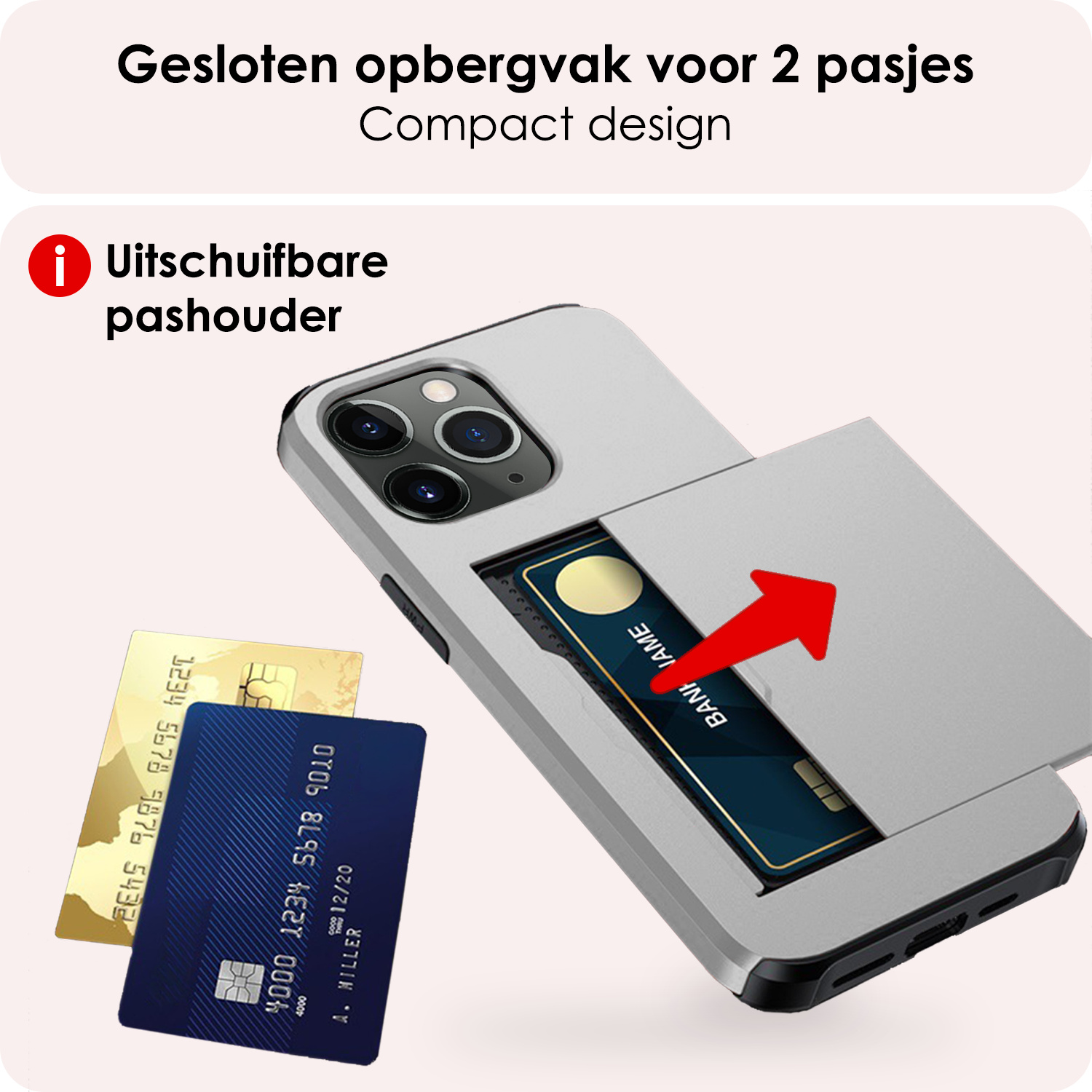 NoXx Hoes Geschikt voor iPhone 11 Pro Hoesje Pasjeshouder Hard Cover Met 2x Screenprotector Shock Proof Hard Case Hoes Met Kaarthouder - Grijs