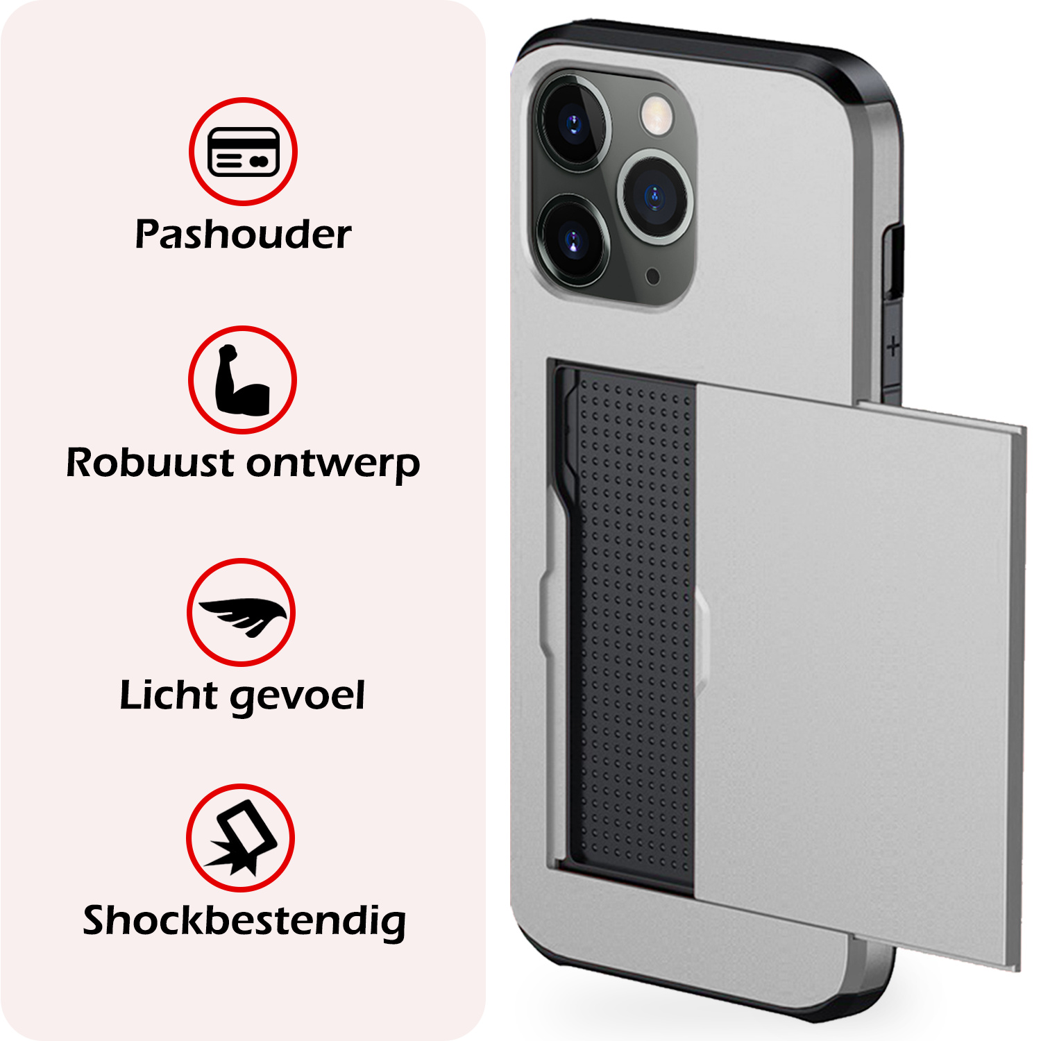 NoXx Hoes Geschikt voor iPhone 11 Pro Hoesje Pasjeshouder Hard Cover Met 2x Screenprotector Shock Proof Hard Case Hoes Met Kaarthouder - Grijs