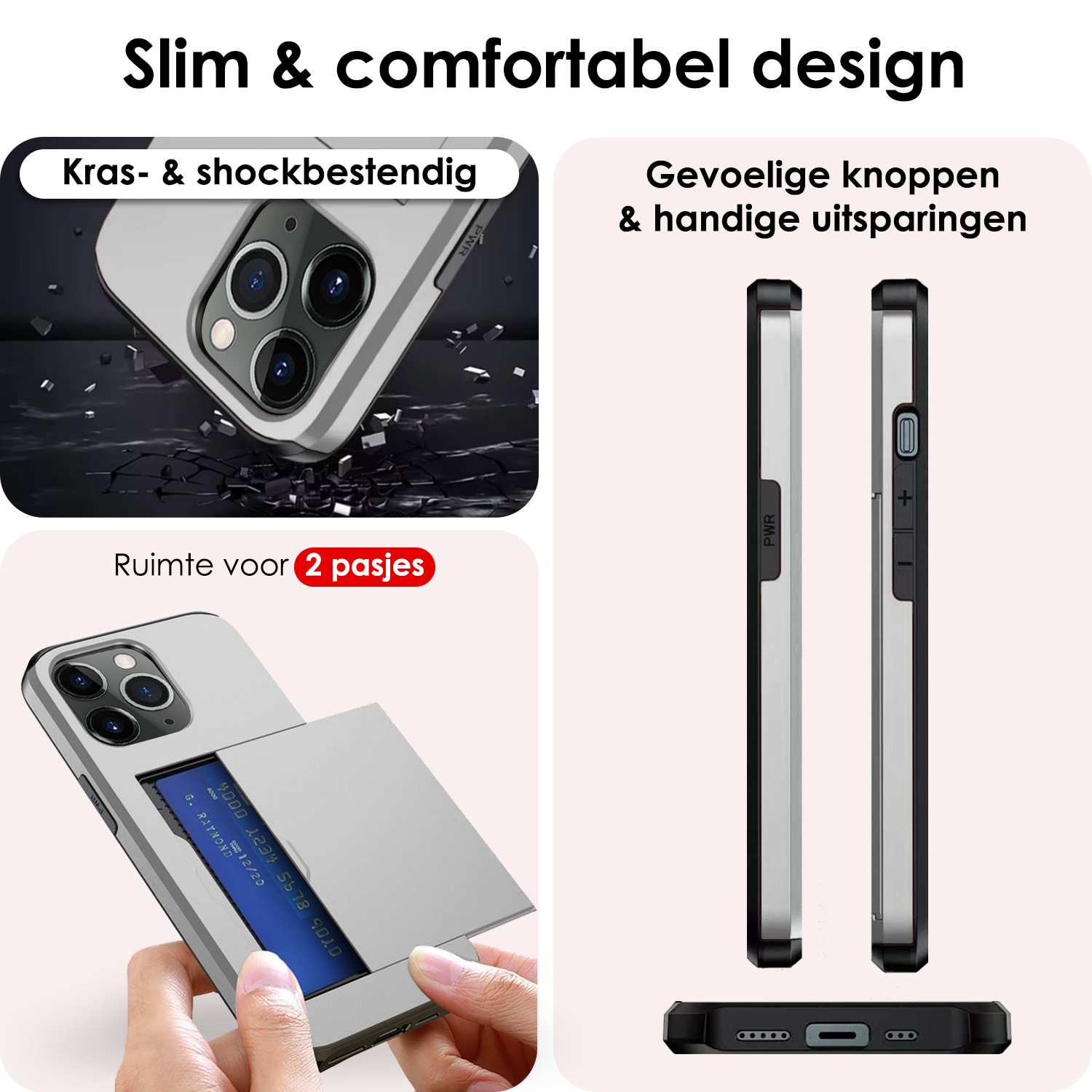 NoXx Hoes Geschikt voor iPhone 11 Pro Hoesje Pasjeshouder Hard Cover Met 2x Screenprotector Shock Proof Hard Case Hoes Met Kaarthouder - Grijs