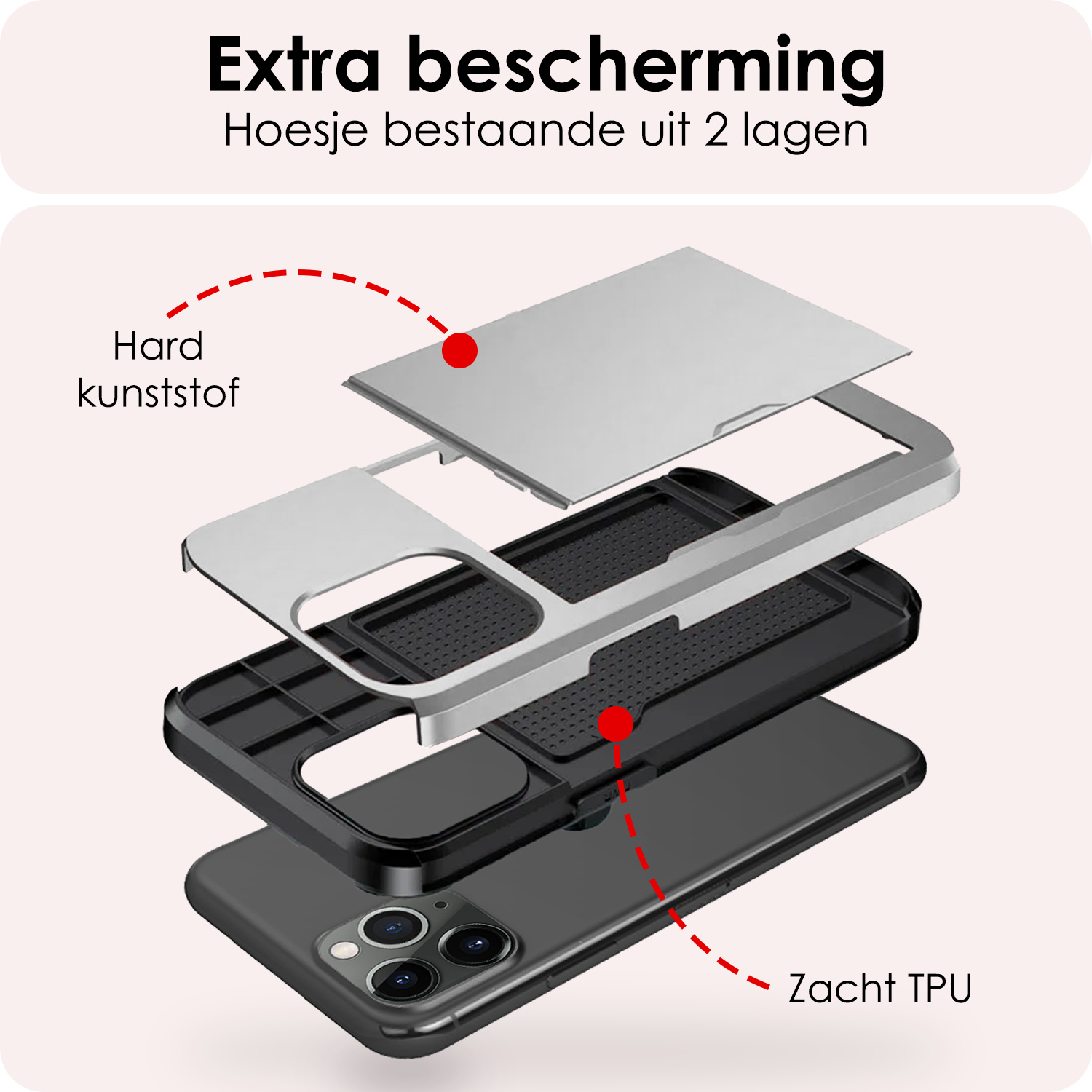 NoXx Hoes Geschikt voor iPhone 11 Pro Hoesje Pasjeshouder Hard Cover Met 2x Screenprotector Shock Proof Hard Case Hoes Met Kaarthouder - Grijs