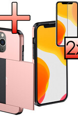NoXx Hoes Geschikt voor iPhone 11 Pro Hoesje Pasjeshouder Hard Cover Met 2x Screenprotector Shock Proof Hard Case Hoes Met Kaarthouder - Rosé Goud