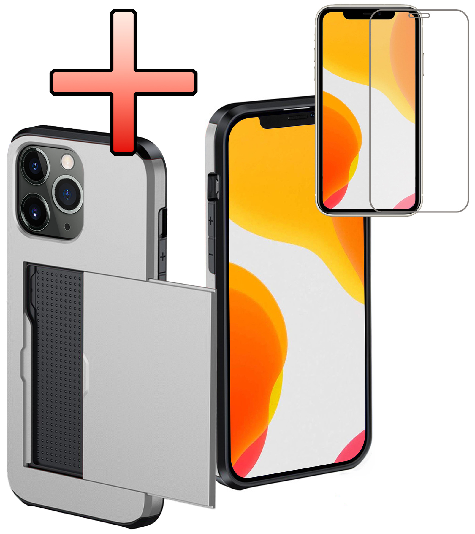 NoXx Hoes Geschikt voor iPhone 11 Pro Max Hoesje Pasjeshouder Hard Cover Met Screenprotector Shock Proof Hard Case Hoes Met Kaarthouder - Grijs