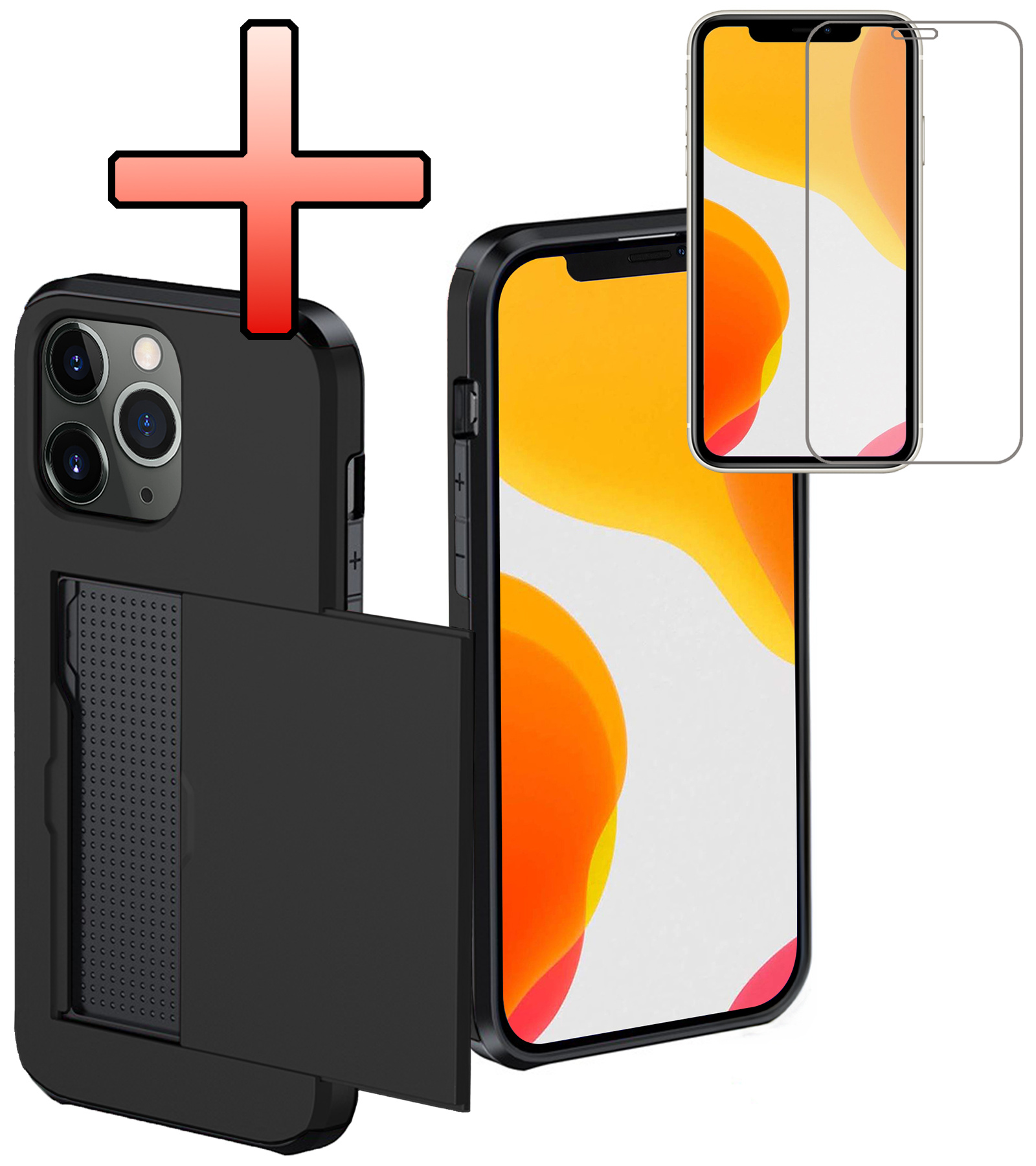 NoXx Hoes Geschikt voor iPhone 11 Pro Max Hoesje Pasjeshouder Hard Cover Met Screenprotector Shock Proof Hard Case Hoes Met Kaarthouder - Zwart