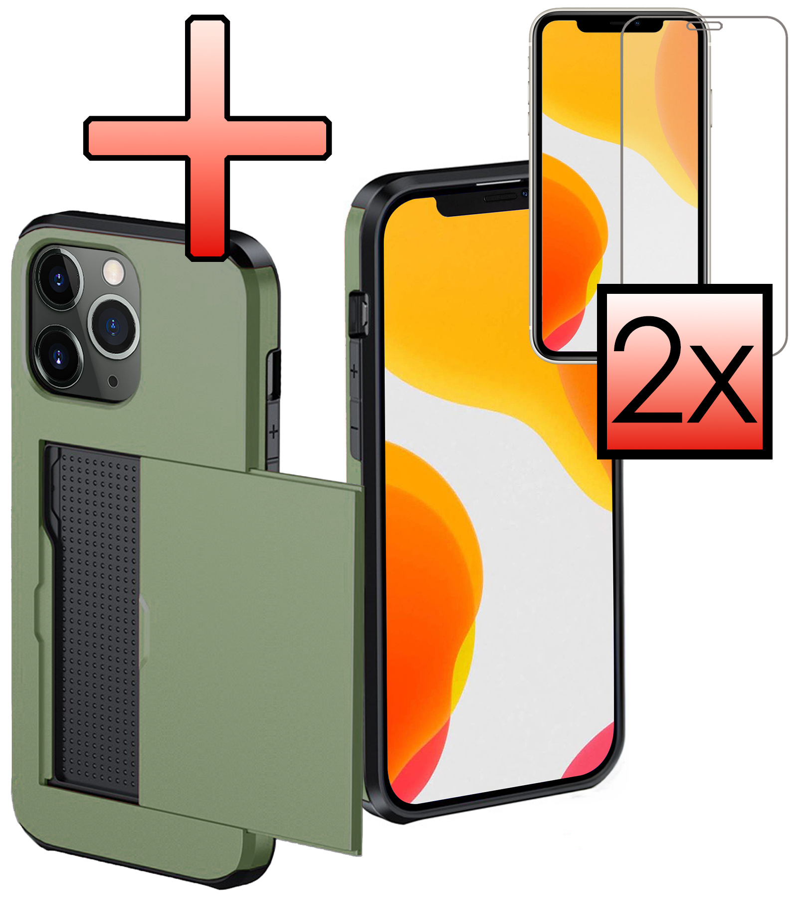 NoXx Hoes Geschikt voor iPhone 11 Pro Max Hoesje Pasjeshouder Hard Cover Met 2x Screenprotector Shock Proof Hard Case Hoes Met Kaarthouder - Donker Groen