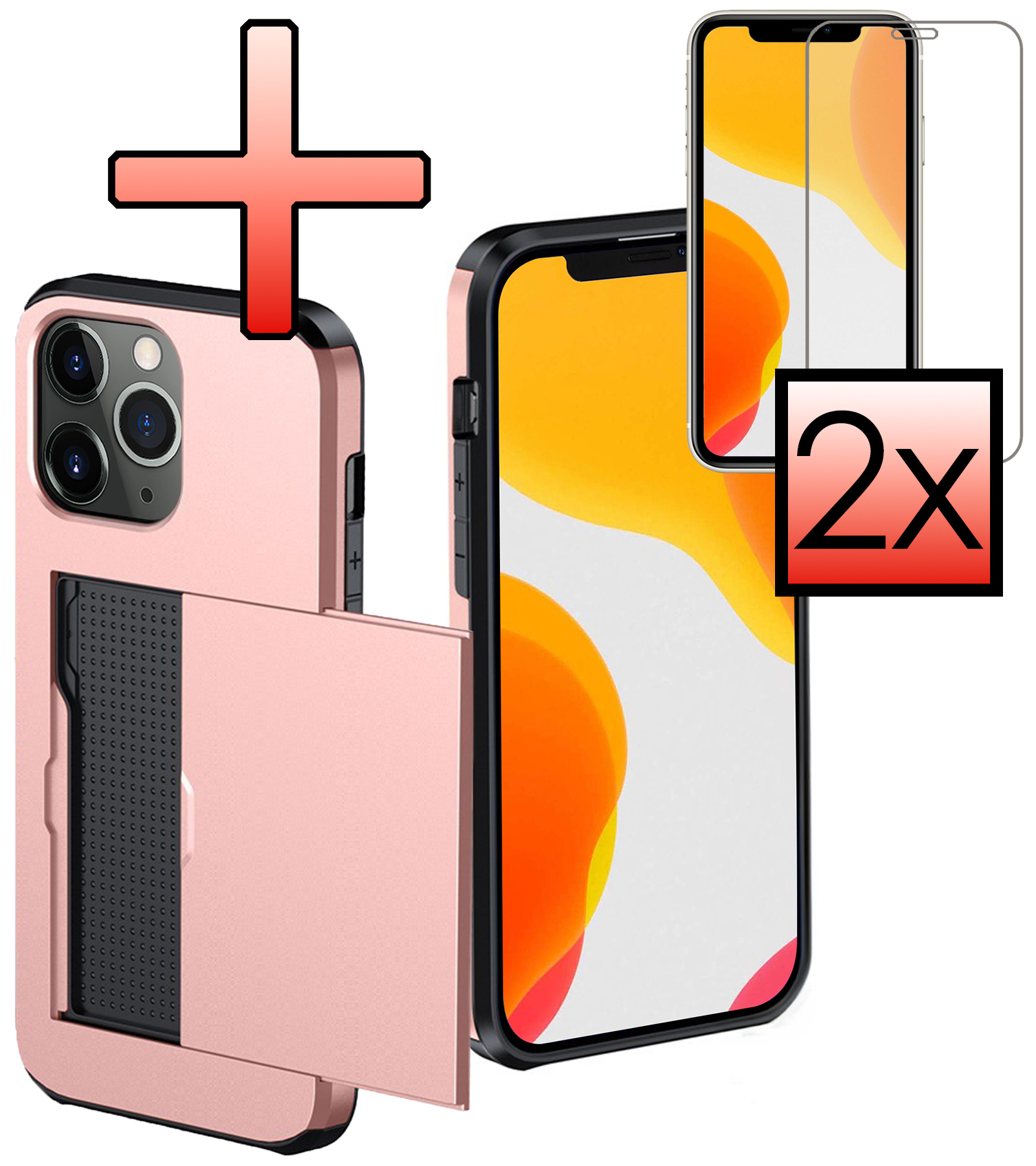 NoXx Hoes Geschikt voor iPhone 11 Pro Max Hoesje Pasjeshouder Hard Cover Met 2x Screenprotector Shock Proof Hard Case Hoes Met Kaarthouder - Rosé Goud