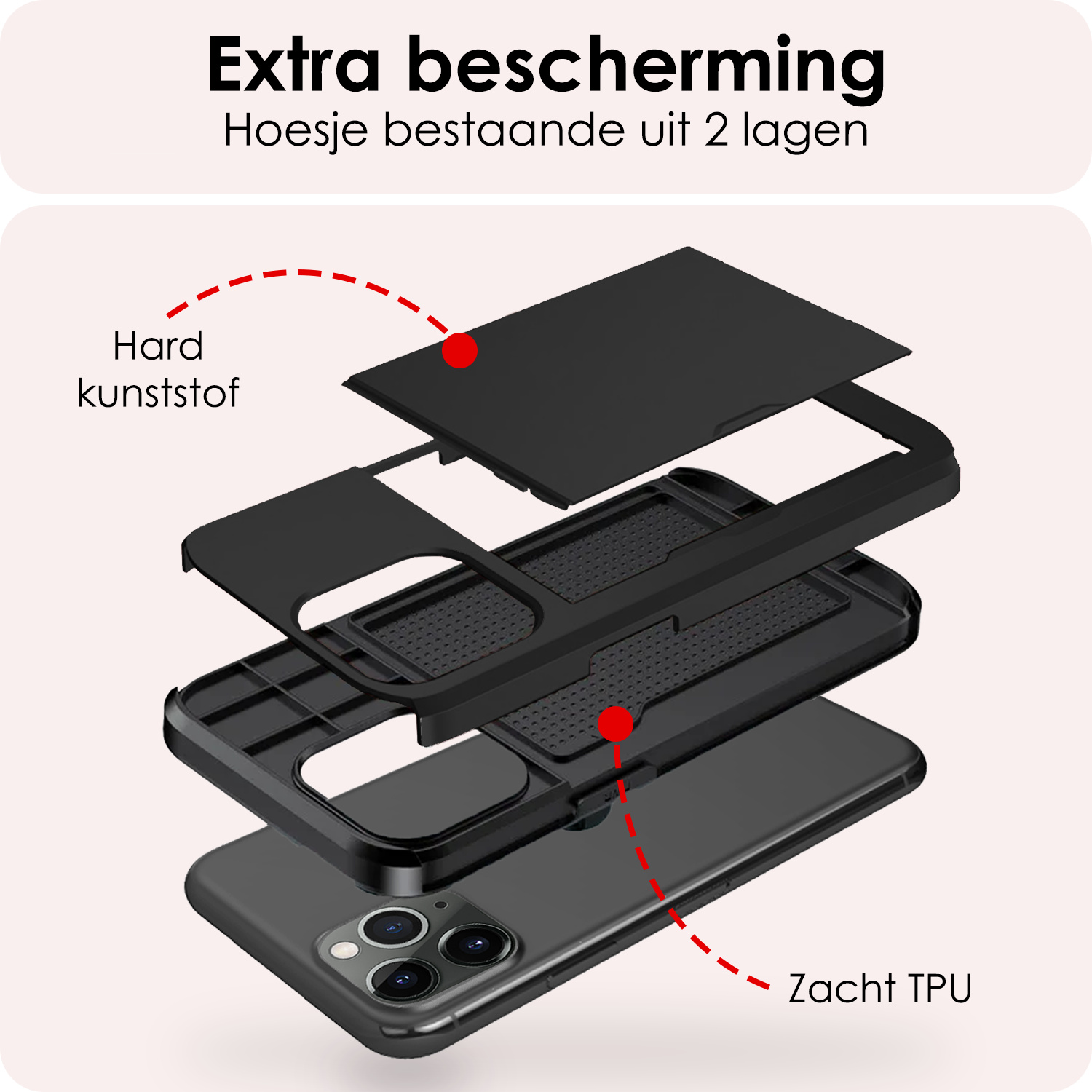 NoXx Hoes Geschikt voor iPhone 11 Pro Max Hoesje Pasjeshouder Hard Cover Met 2x Screenprotector Shock Proof Hard Case Hoes Met Kaarthouder - Zwart