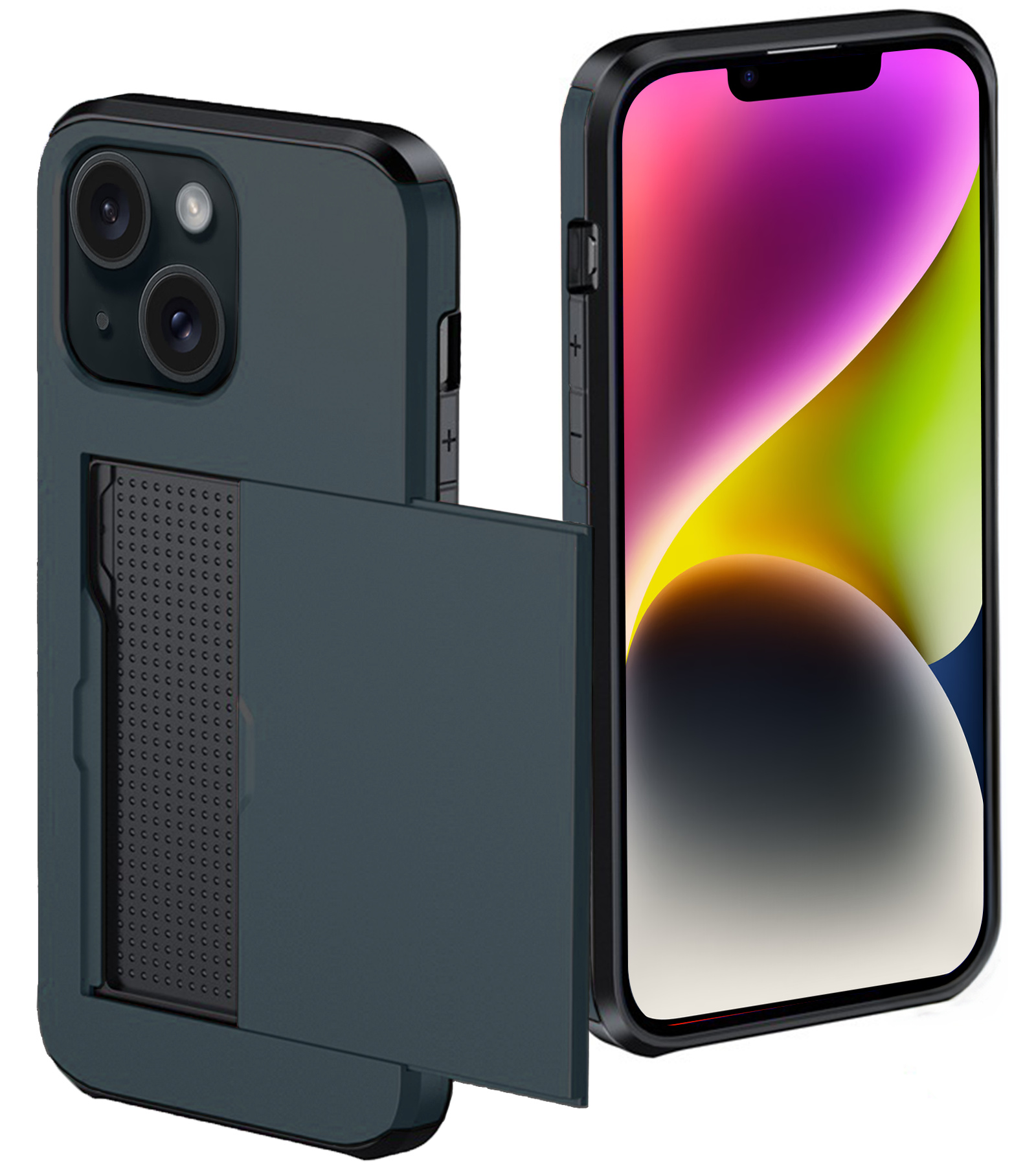 NoXx Hoes Geschikt voor iPhone 14 Hoesje Pasjeshouder Hard Cover Shock Proof Hard Case Hoes Met Kaarthouder - Donker Blauw