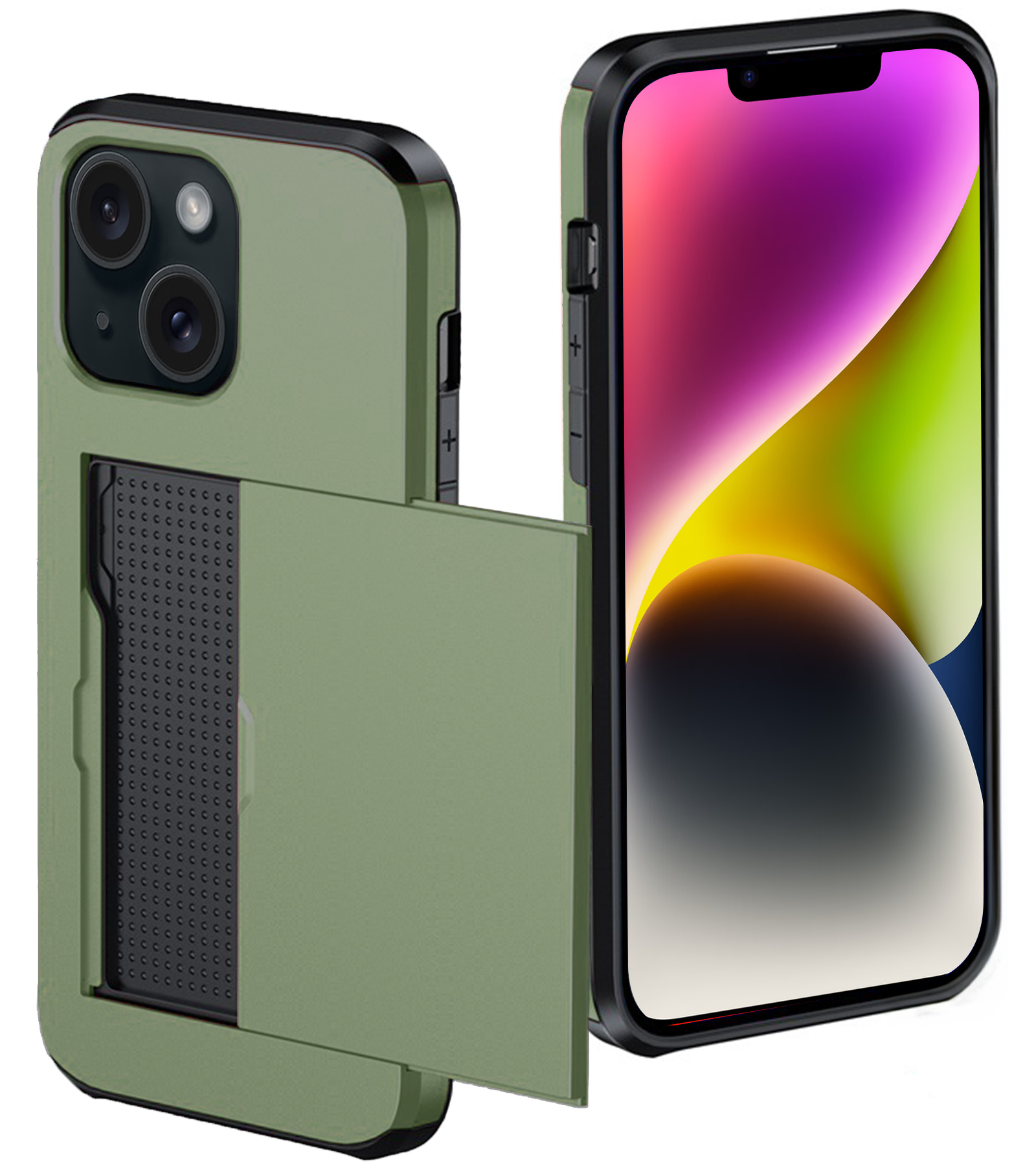 NoXx Hoes Geschikt voor iPhone 14 Hoesje Pasjeshouder Hard Cover Shock Proof Hard Case Hoes Met Kaarthouder - Donker Groen