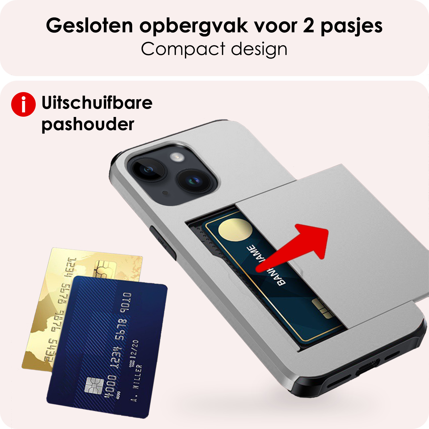 NoXx Hoes Geschikt voor iPhone 14 Hoesje Pasjeshouder Hard Cover Shock Proof Hard Case Hoes Met Kaarthouder - Grijs