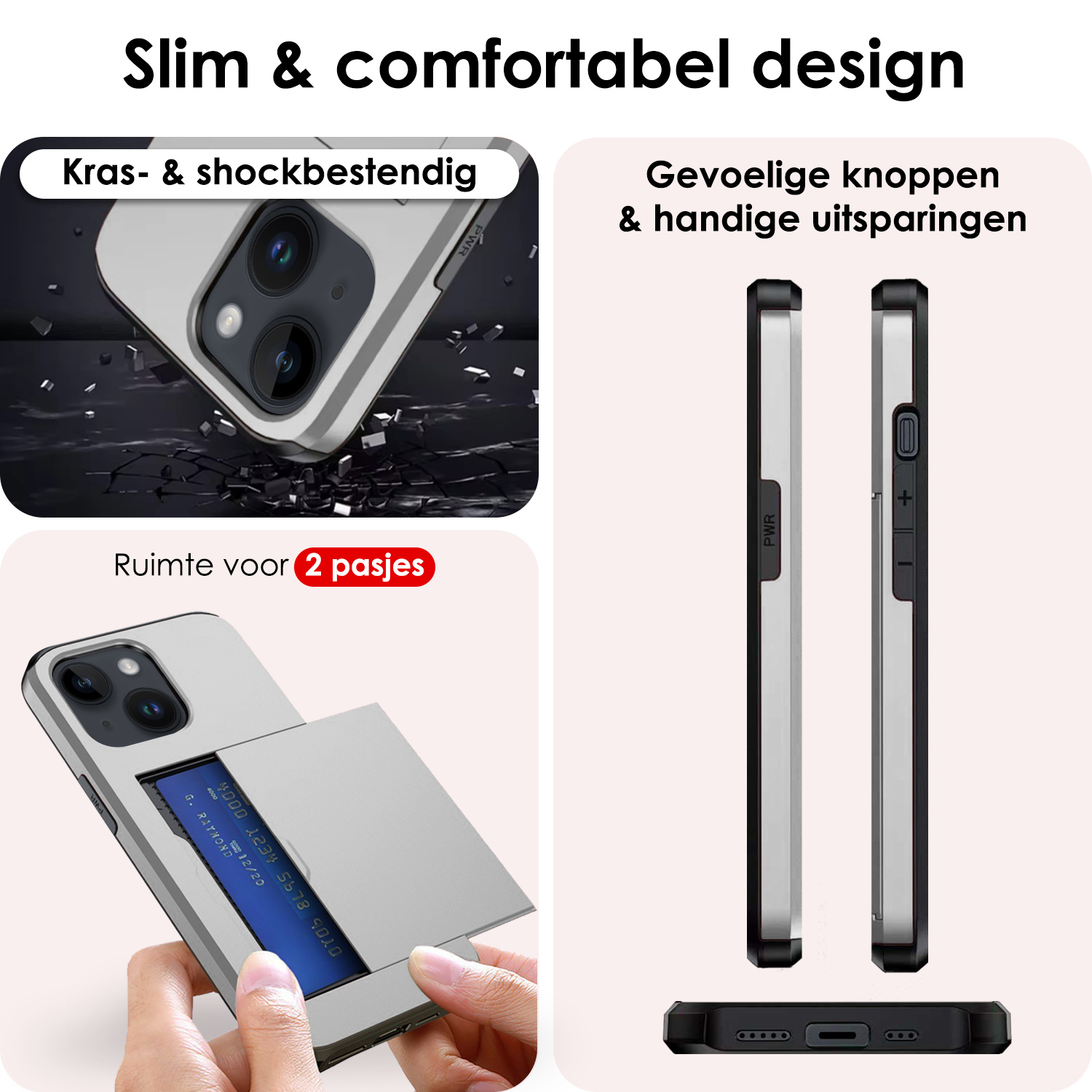 NoXx Hoes Geschikt voor iPhone 14 Hoesje Pasjeshouder Hard Cover Shock Proof Hard Case Hoes Met Kaarthouder - Grijs