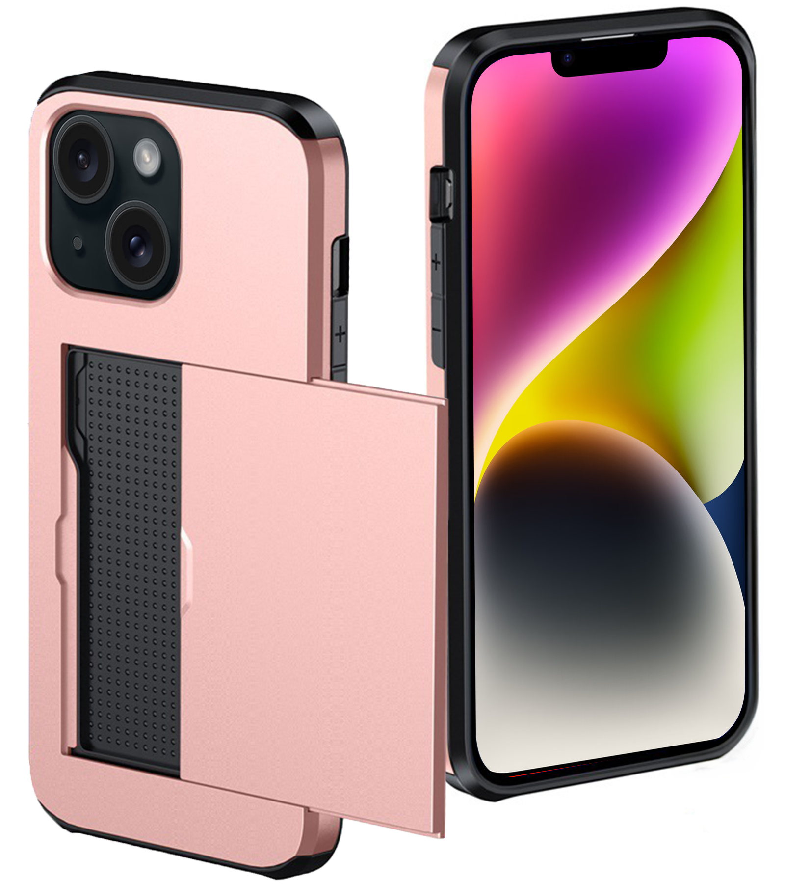 NoXx Hoes Geschikt voor iPhone 14 Hoesje Pasjeshouder Hard Cover Shock Proof Hard Case Hoes Met Kaarthouder - Rosé Goud