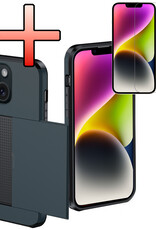 NoXx Hoes Geschikt voor iPhone 14 Hoesje Pasjeshouder Hard Cover Met Screenprotector Shock Proof Hard Case Hoes Met Kaarthouder - Donker Blauw
