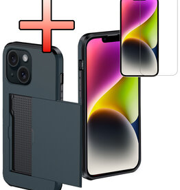 NoXx NoXx iPhone 14 Hoesje Pashouder Hard Met Screenprotector - Donker Blauw