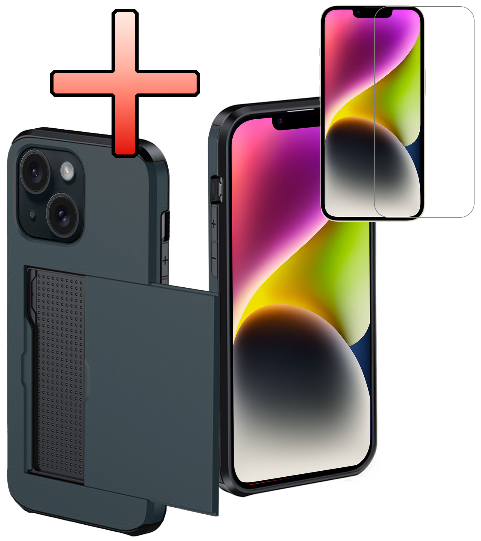 NoXx Hoes Geschikt voor iPhone 14 Hoesje Pasjeshouder Hard Cover Met Screenprotector Shock Proof Hard Case Hoes Met Kaarthouder - Donker Blauw