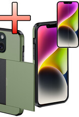 NoXx Hoes Geschikt voor iPhone 14 Hoesje Pasjeshouder Hard Cover Met Screenprotector Shock Proof Hard Case Hoes Met Kaarthouder - Donker Groen
