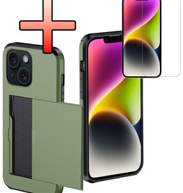 NoXx NoXx iPhone 14 Hoesje Pashouder Hard Met Screenprotector - Donker Groen