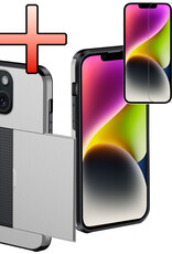 NoXx Hoes Geschikt voor iPhone 14 Hoesje Pasjeshouder Hard Cover Met Screenprotector Shock Proof Hard Case Hoes Met Kaarthouder - Grijs