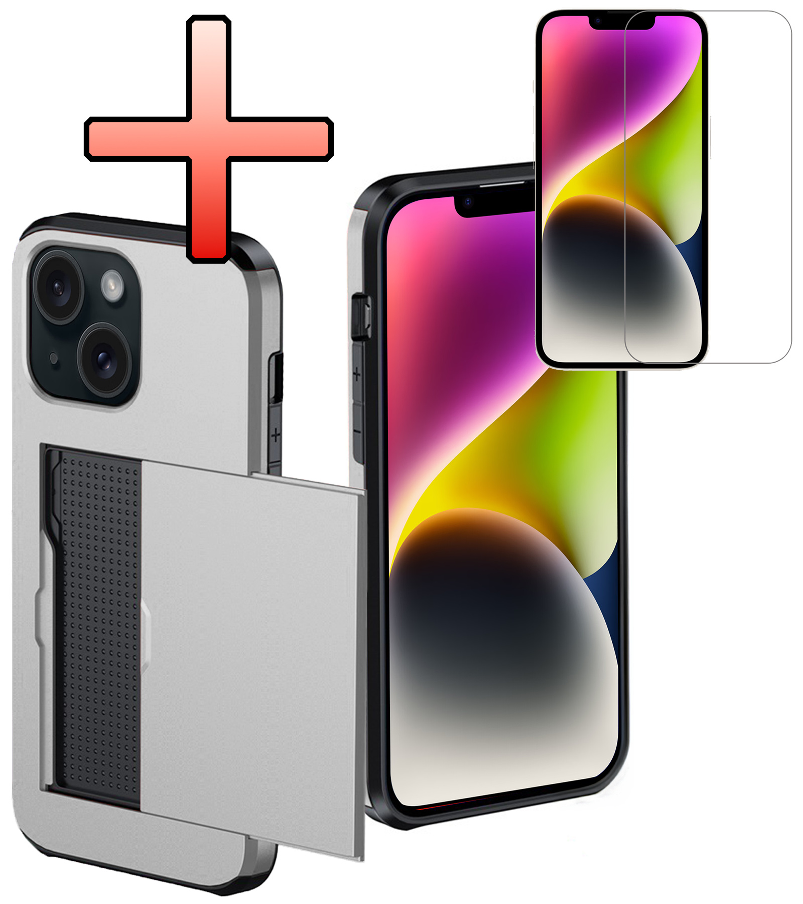 NoXx Hoes Geschikt voor iPhone 14 Hoesje Pasjeshouder Hard Cover Met Screenprotector Shock Proof Hard Case Hoes Met Kaarthouder - Grijs