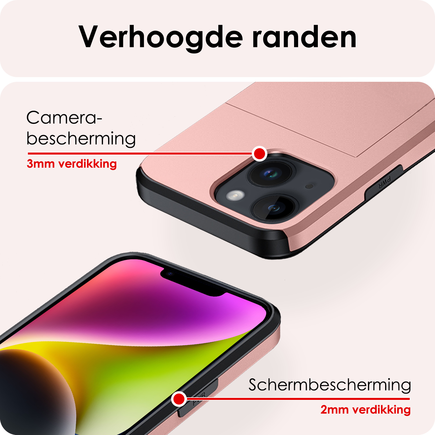 NoXx Hoes Geschikt voor iPhone 14 Hoesje Pasjeshouder Hard Cover Met Screenprotector Shock Proof Hard Case Hoes Met Kaarthouder - Rosé Goud