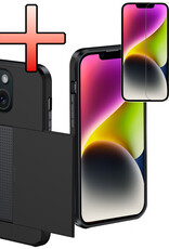 NoXx Hoes Geschikt voor iPhone 14 Hoesje Pasjeshouder Hard Cover Met Screenprotector Shock Proof Hard Case Hoes Met Kaarthouder - Zwart