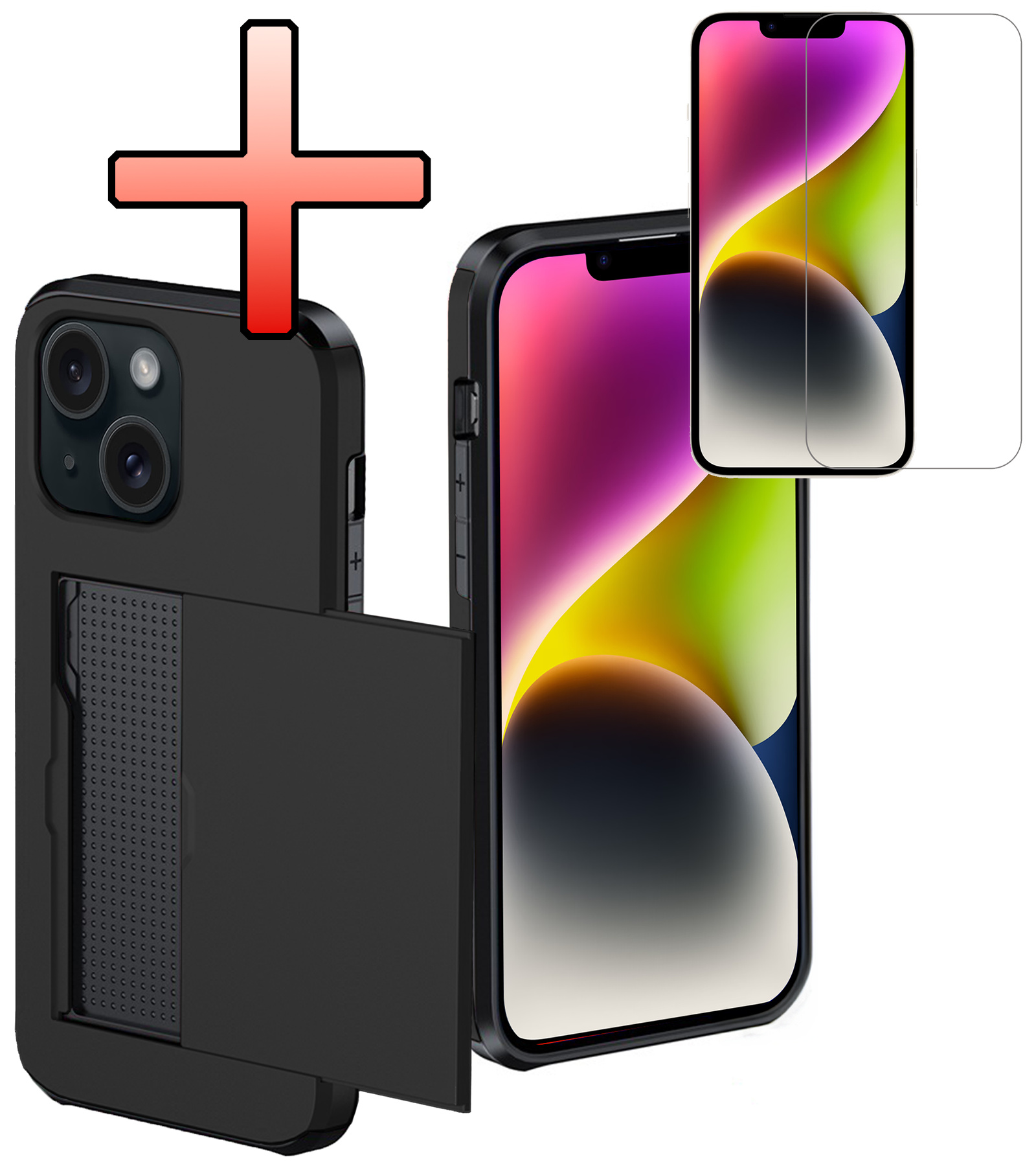 NoXx Hoes Geschikt voor iPhone 14 Hoesje Pasjeshouder Hard Cover Met Screenprotector Shock Proof Hard Case Hoes Met Kaarthouder - Zwart
