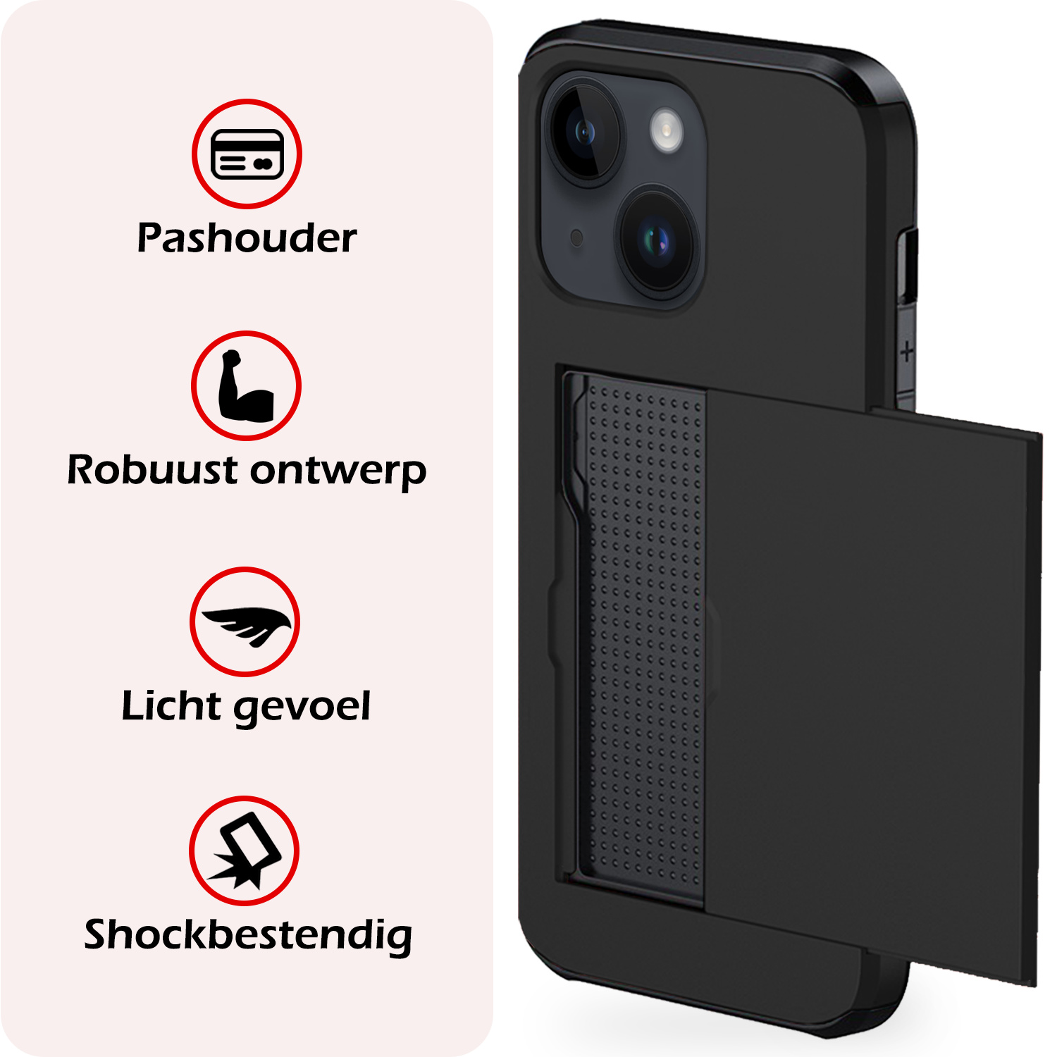 NoXx Hoes Geschikt voor iPhone 14 Hoesje Pasjeshouder Hard Cover Met Screenprotector Shock Proof Hard Case Hoes Met Kaarthouder - Zwart