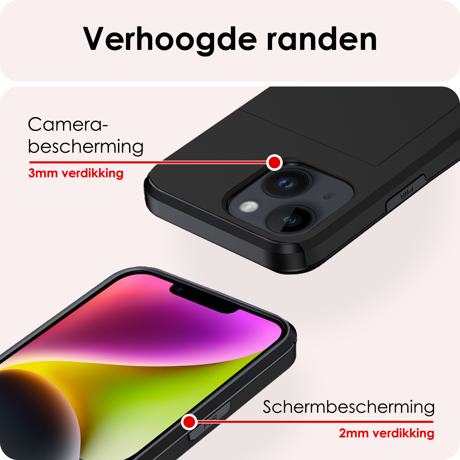 NoXx Hoes Geschikt voor iPhone 14 Hoesje Pasjeshouder Hard Cover Met Screenprotector Shock Proof Hard Case Hoes Met Kaarthouder - Zwart