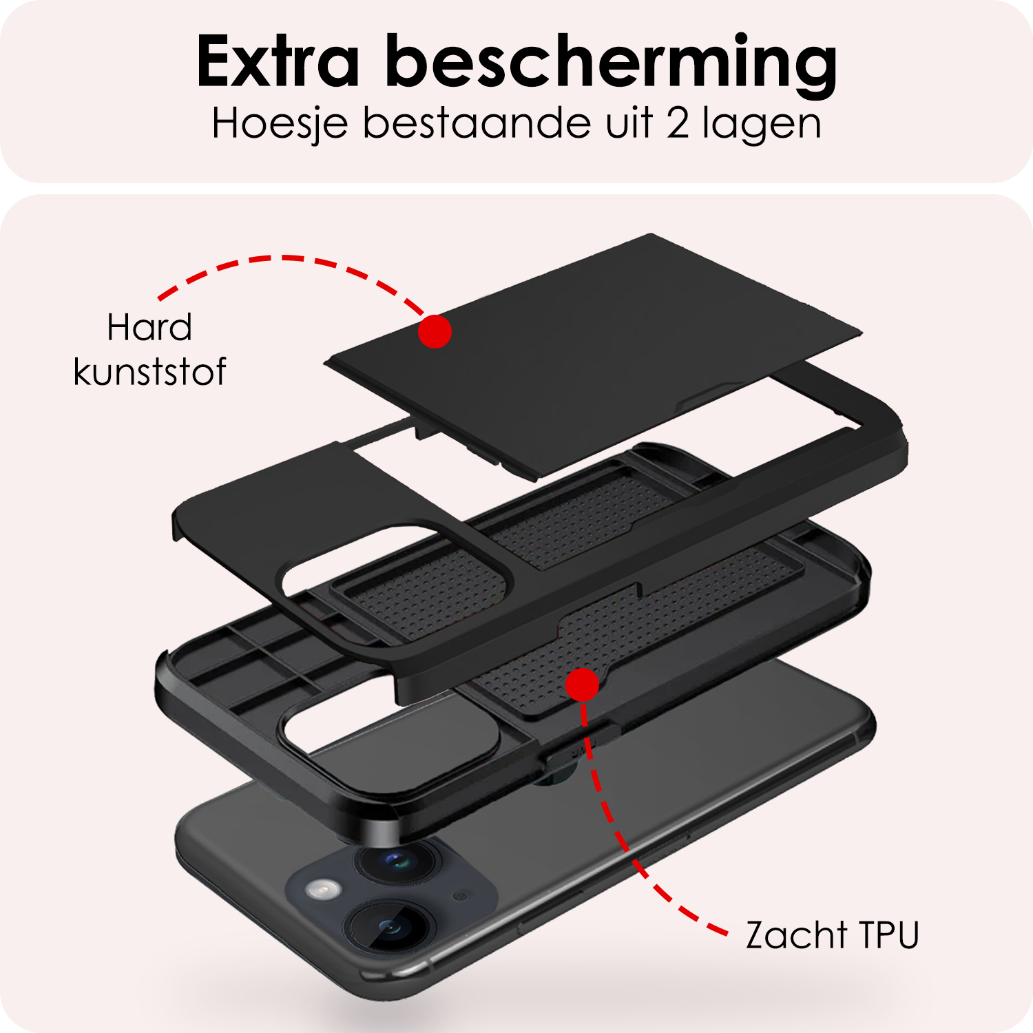 NoXx Hoes Geschikt voor iPhone 14 Hoesje Pasjeshouder Hard Cover Met Screenprotector Shock Proof Hard Case Hoes Met Kaarthouder - Zwart