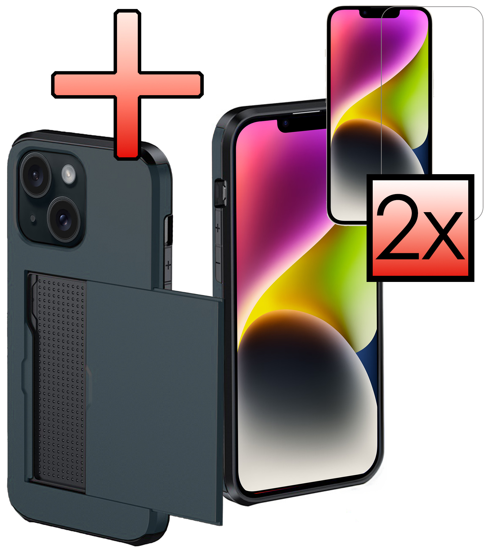 NoXx Hoes Geschikt voor iPhone 14 Hoesje Pasjeshouder Hard Cover Met 2x Screenprotector Shock Proof Hard Case Hoes Met Kaarthouder - Donker Blauw