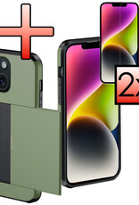 NoXx Hoes Geschikt voor iPhone 14 Hoesje Pasjeshouder Hard Cover Met 2x Screenprotector Shock Proof Hard Case Hoes Met Kaarthouder - Donker Groen