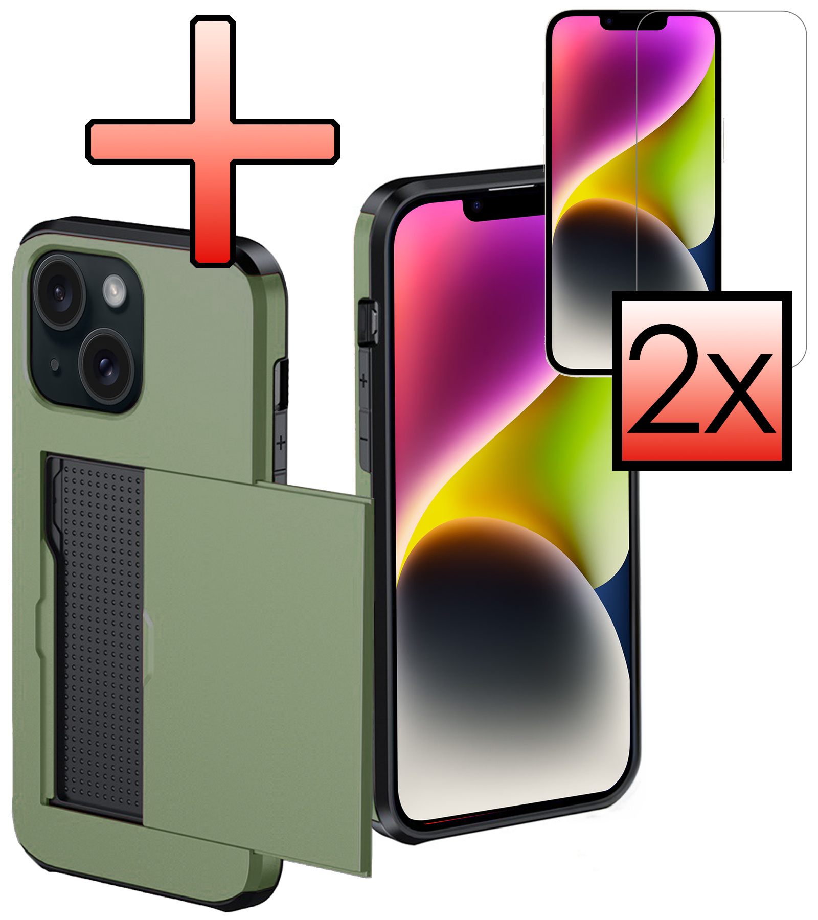 NoXx Hoes Geschikt voor iPhone 14 Hoesje Pasjeshouder Hard Cover Met 2x Screenprotector Shock Proof Hard Case Hoes Met Kaarthouder - Donker Groen