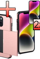 NoXx Hoes Geschikt voor iPhone 14 Hoesje Pasjeshouder Hard Cover Met 2x Screenprotector Shock Proof Hard Case Hoes Met Kaarthouder - Rosé Goud