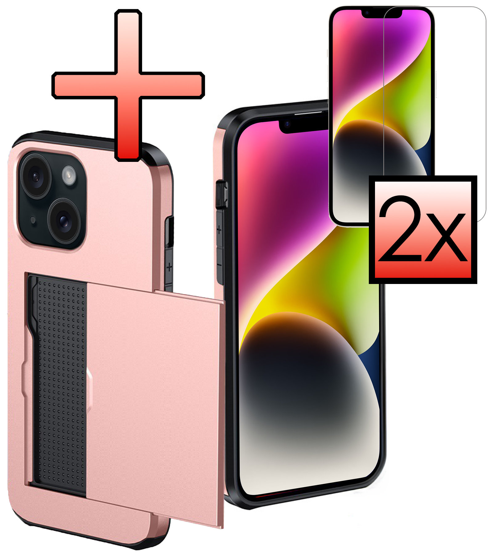 NoXx Hoes Geschikt voor iPhone 14 Hoesje Pasjeshouder Hard Cover Met 2x Screenprotector Shock Proof Hard Case Hoes Met Kaarthouder - Rosé Goud