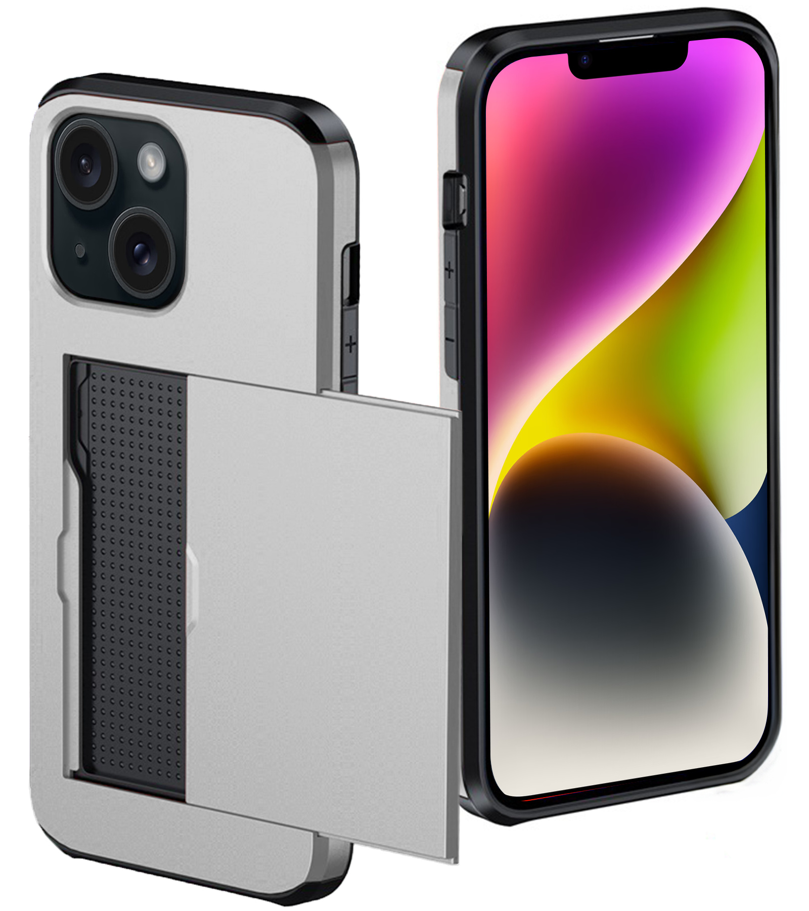 NoXx Hoes Geschikt voor iPhone 14 Plus Hoesje Pasjeshouder Hard Cover Shock Proof Hard Case Hoes Met Kaarthouder - Grijs