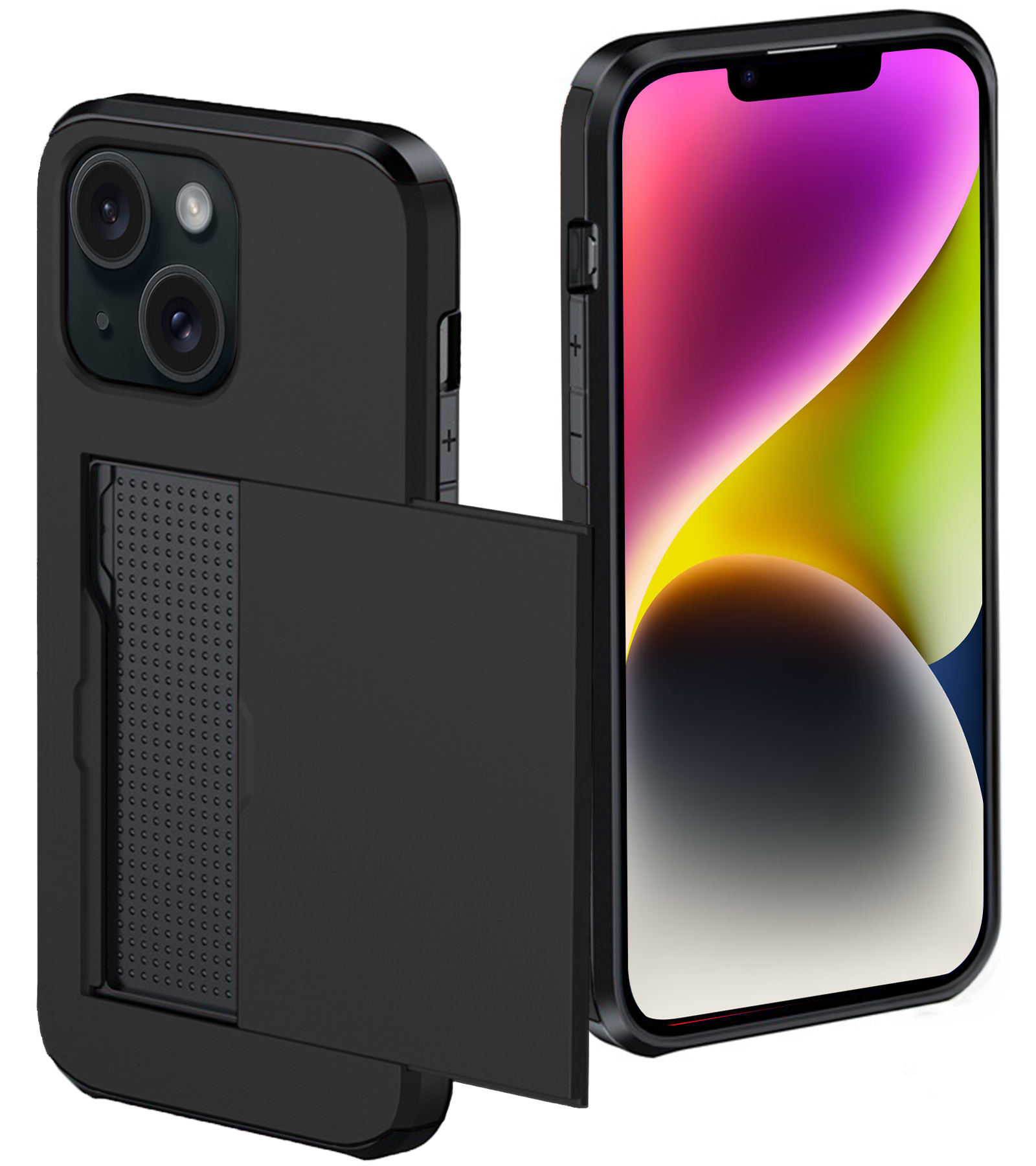 NoXx Hoes Geschikt voor iPhone 14 Plus Hoesje Pasjeshouder Hard Cover Shock Proof Hard Case Hoes Met Kaarthouder - Zwart