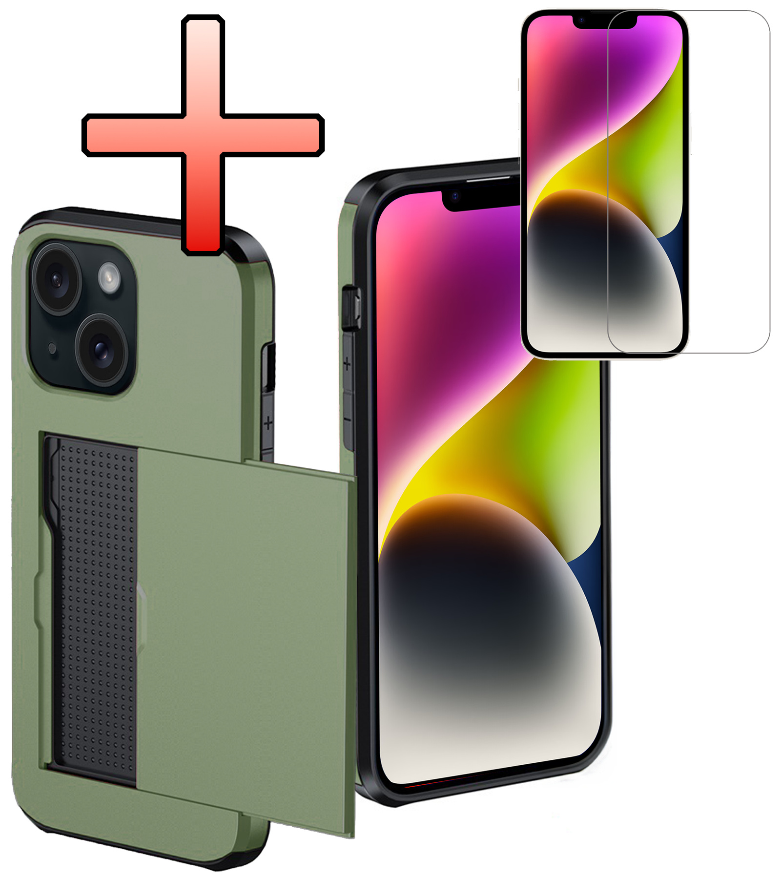 NoXx Hoes Geschikt voor iPhone 14 Plus Hoesje Pasjeshouder Hard Cover Met Screenprotector Shock Proof Hard Case Hoes Met Kaarthouder - Donker Groen